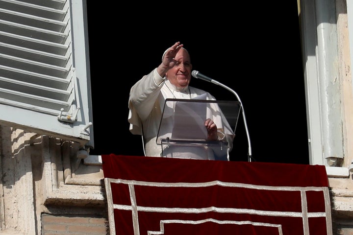 Pope Francis delivers his Angelus blessing to pilgrims gathered in Saint Peter's Square on Sunday in Vatican City, Vatican. During his homily of the Angelus prayer, the pope warned against letting gift-buying consume our heart ahead of the holidays.