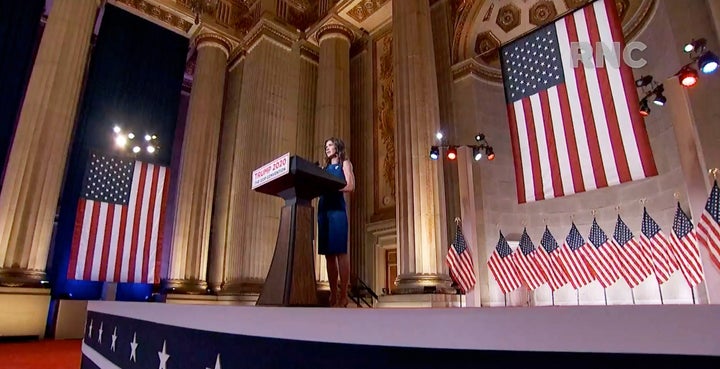 South Dakota Gov. Kristi Noem addresses the virtual Republican National Convention on Aug. 26. Noem is believed to have national ambitions and has shunned strict measures to contain the virus.