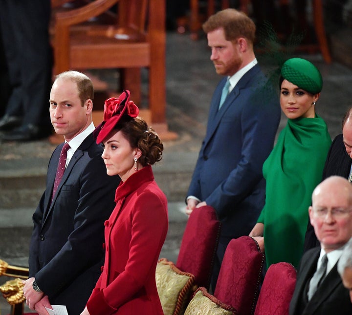 The Sussexes and Cambridges attend the annual Commonwealth Service at Westminster Abbey in London on March 9.&nbsp;