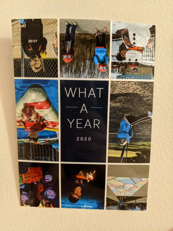 "Everything is upside down!&nbsp;When I picked them up I realized that I accidentally forgot to put a picture of myself on the card, but my husband made a cameo. And our family name is in black instead of white so it blends into the blue. Extra funny points for all things going wrong in 2020!"