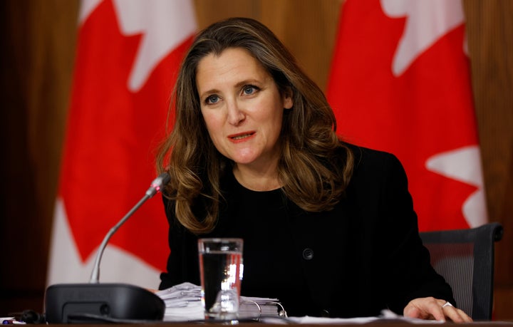 Deputy Prime Minister and Finance Minister Chrystia Freeland speaks to reporters at the unveiling of the Fall Economic Statement in Ottawa, Nov. 30, 2020. 