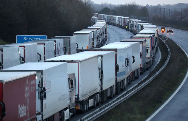 Lorries are parked up on the M20 in Kent near to Folkestone services whilst the Port of Dover remains closed.