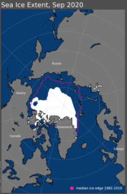 Sea ice coverage in September 2020. The purple line indicates the previous median ice coverage extent from 1981-2010.