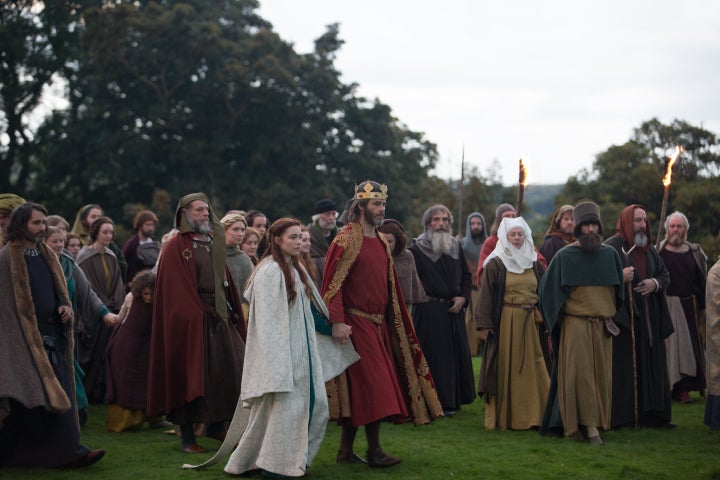 Chris Pine and Florence Pugh in "Outlaw King." Savage worked on embroidery for the costumes and banners.