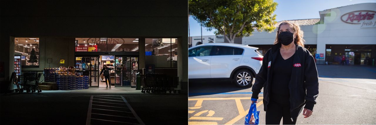 Salorio, a front-end manager, closes the doors at the beginning of her 1 a.m. work shift in San Diego on Dec. 21. At right, Salorio leaves Ralphs after working 10½ hours.