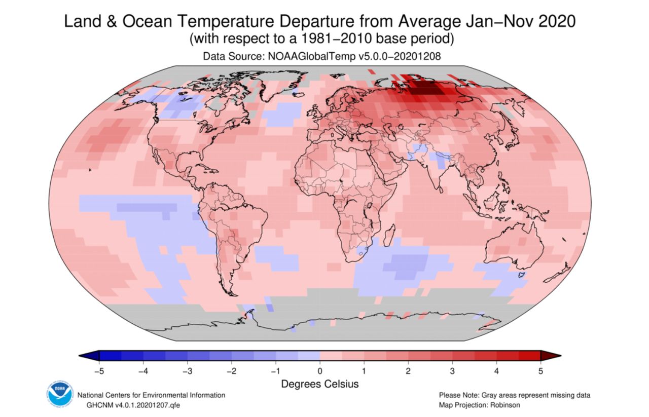 A world map showing land and ocean temperature departure from the average (January to November 2020). 