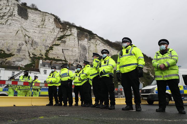 Police officers blocking the entrance to the Port of Dover in Kent, after French authorities announced that the coronavirus ban has been lifted