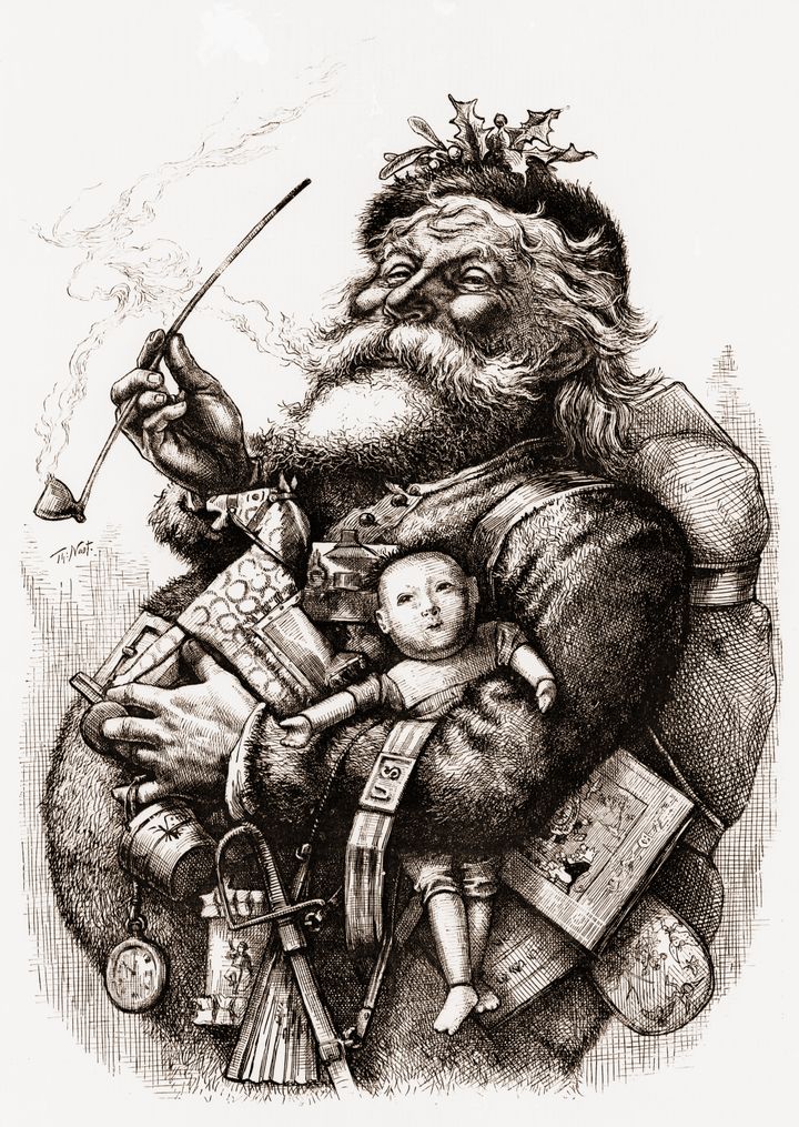 1890年にアメリカ人画家、トーマス・ナストが出版した「クリスマス絵画集」の表紙に描かれたサンタクロース