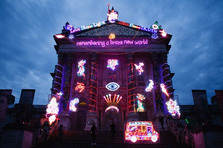 Neon light installation 'Remembering A Brave New World', by British artist Chila Kumari Singh Burman