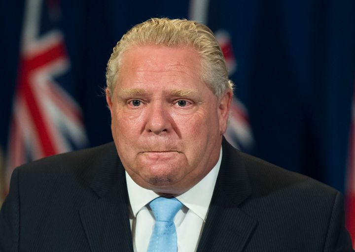 Ontario Premier Doug Ford fights back tears as he answers question about a disturbing report from the Canadian military regarding five Ontario long-term-care homes in Toronto on May 26, 2020. 
