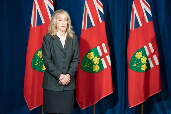 Ontario Minister of Long Term Care Merrilee Fullerton listens to questions during the daily briefing at Queen's Park in Toronto on May 28, 2020.