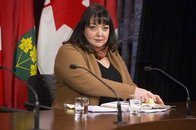 Natalie Mehra, executive director of the Ontario Health Coalition, speaks to reporters at Queen's Park...
