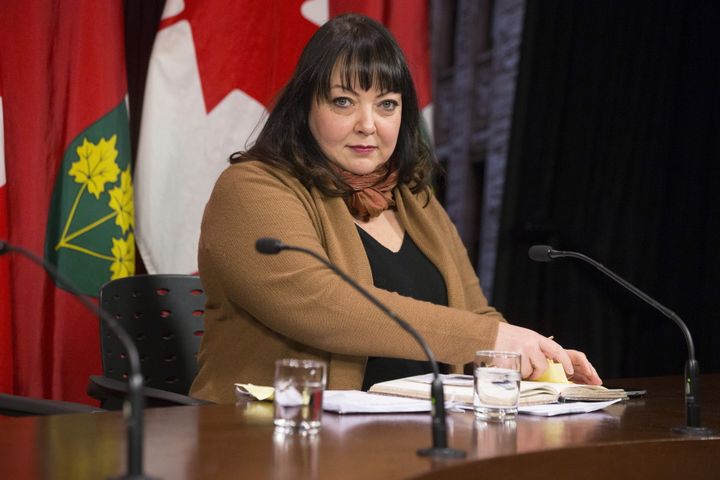 Natalie Mehra, executive director of the Ontario Health Coalition, speaks to reporters at Queen's Park in Toronto on Jan. 21, 2019.