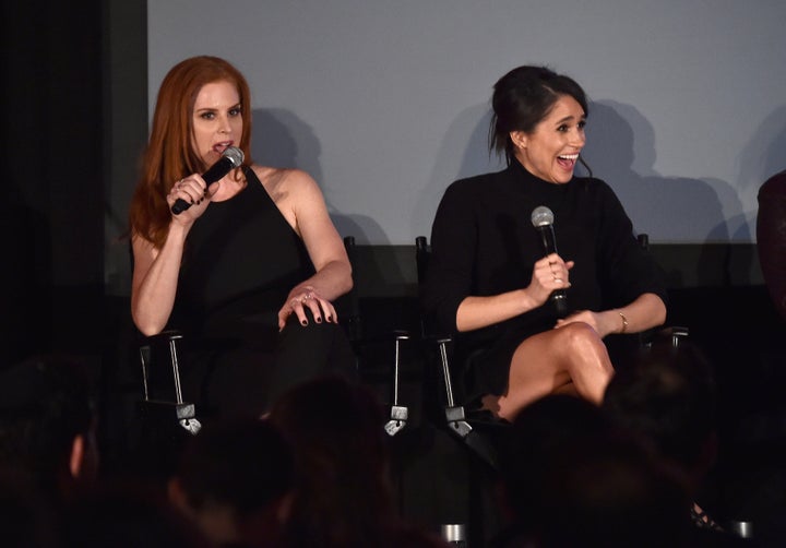 Meghan Markle with her "Suits" co-star, Sarah Rafferty, following the premiere of the show's fifth season on Jan. 21, 2016, several months before she wrote her "staycation" piece.