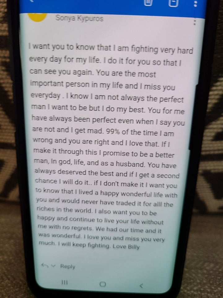 The note Billy Loredo, a Texas lawyer who died of COVID-19, wrote to his wife, Sonya Kypuros.