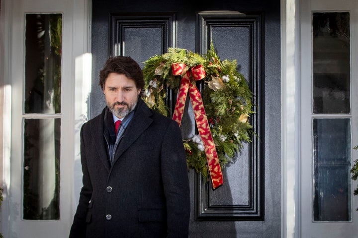 Prime Minister Justin Trudeau arrives to speak during a COVID-19 briefing at Rideau Cottage in Ottawa, on Dec. 18, 2020.