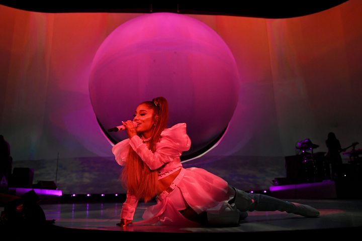 Ariana Grande performing on her Sweetener world tour last year