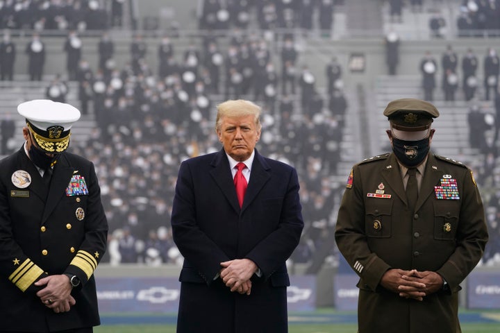 FILE - In this Dec. 12, 2020, file photo President Donald Trump stands on the field before the 121st Army-Navy Football Game 