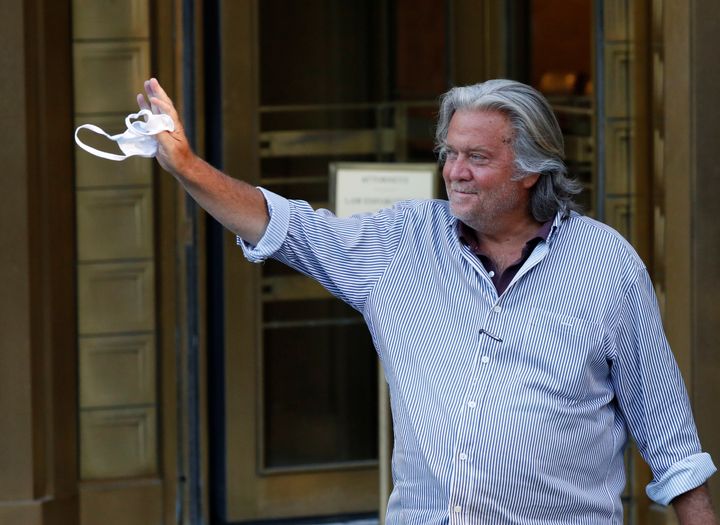 Former White House chief strategist Steve Bannon exits the Manhattan Federal Court on Aug. 20 following his arraignment hearing on conspiracy to commit wire fraud and conspiracy to commit money laundering charges.