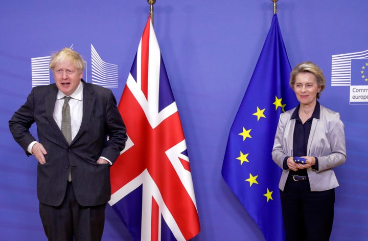 European Commission President Ursula von der Leyen (right) welcomes British Prime Minister Boris Johnson prior to a meeting at EU headquarters in Brussels on Dec. 9.