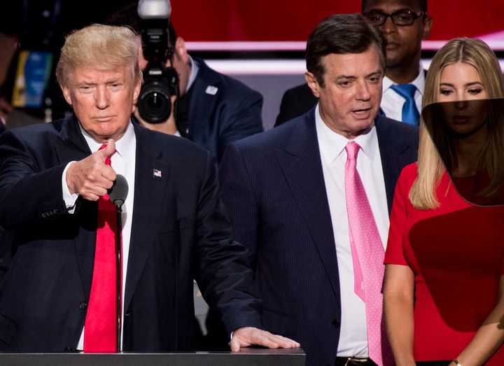 Then-GOP candidate Donald Trump with his campaign manager, Paul Manafort, who received a presidential pardon several years later.