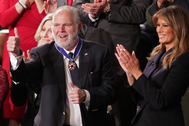 Rush Limbaugh shortly after being awarded the Presidential Medal of Freedom by First Lady Melania Trump during president Donald Trump's State of the Union address in 2020.