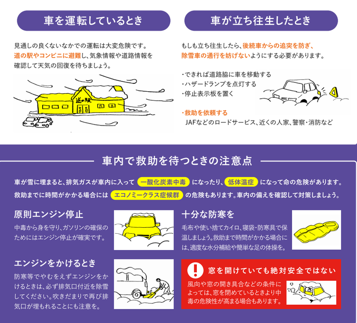 車内で救助を待つ時は、原則エンジンは停止する