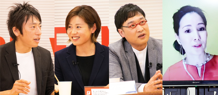 （写真左から）セッション3に登場した有安諒平さん（パラローイング強化指定選手 東急イーライフデザイン所属）、秦由加子さん（チームブリヂストン アスリート・アンバサダー／パラトライアスロン）、山里亮太さん（お笑い芸人）、マセソン美季さん（日本財団パラリンピックサポートセンター）