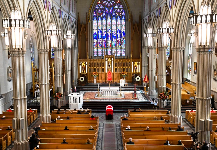 Former Canadian prime minister John Turner's caskets rests during the state funeral service at St. Michael's Cathedral Basilica in Toronto on Oct. 6, 2020.