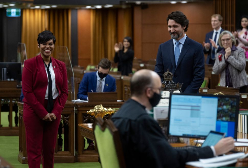 Prime Minister Justin Trudeau introduces new Member of Parliament Marci Ien before Question Period in the House of Commons on Nov. 25, 2020 in Ottawa.