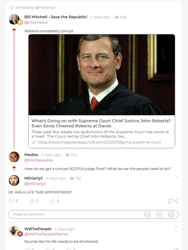 WeThePeopleWarrior posts in response to a comment about "corrupt" Supreme Court Chief Justice John Roberts.