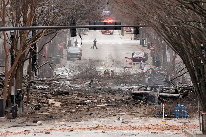 Emergency personnel work near the scene of an explosion in downtown Nashville.