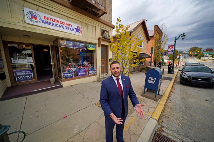 Slippery Rock, Pa., Mayor JonDavid Longo, stands outside the Butler County Republican Committee headquarters in Slippery Rock