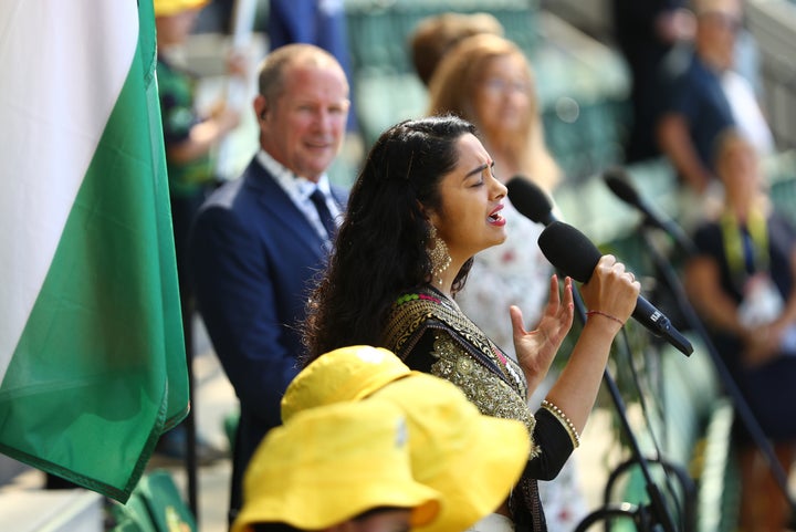 Amritha Shakti sings the Indian national anthem on day one of the Second Test match between Australia and India at the Melbourne Cricket Ground on December 26, 2020.