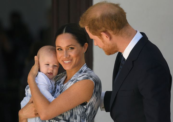 Prince Harry, Duke of Sussex and Meghan, Duchess of Sussex and their baby son Archie Mountbatten-Windsor at a meeting with Ar