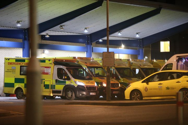 Ambulances outside Queen's Hospital in Romford, which has moved into the highest tier of coronavirus restrictions as a result of soaring case rates.