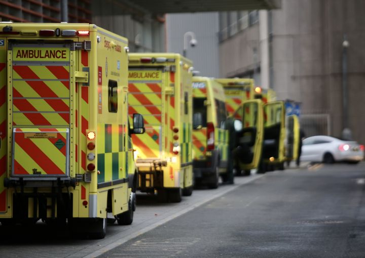 Ambulances wait outside London Royal Hospital as the number of coronavirus cases surge due the new variant.