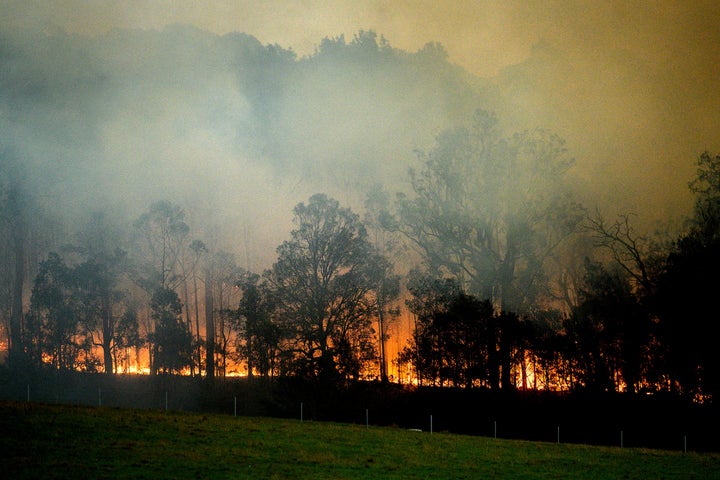 A bushfire burns in Bodalla, New South Wales, Australia, Saturday, January 25, 2020. 