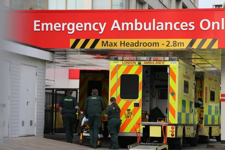 Ambulances bring emergency patients to St Thomas Hospital in London amid a soaring number of cases.
