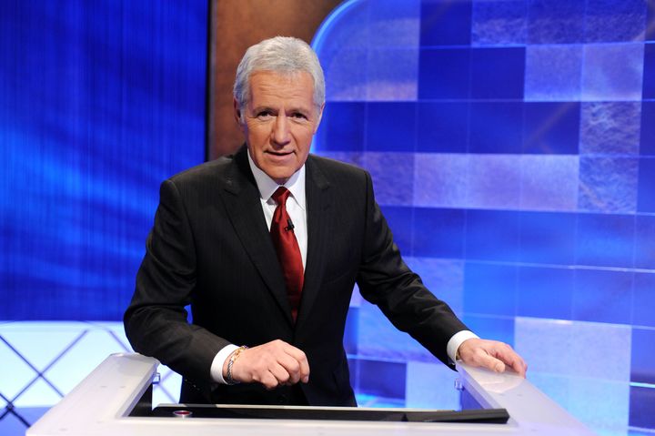 Game show host Alex Trebek poses on the set of the 'Jeopardy!' on April 17, 2010 in Culver City, California. 