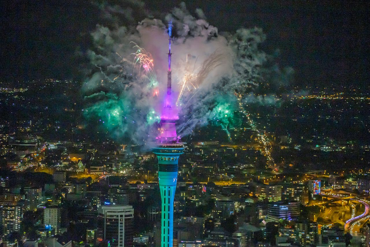 Fireworks from the SkyTower during Auckland New Year's Eve celebrations in Auckland, New Zealand.