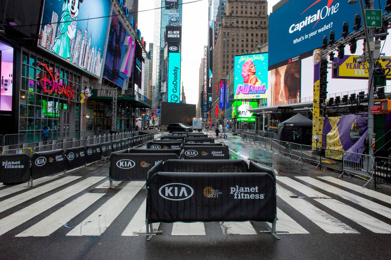 <strong>Barricades are set up to keep social distance before the New Year's Eve celebration in Times Square, New York.</strong>