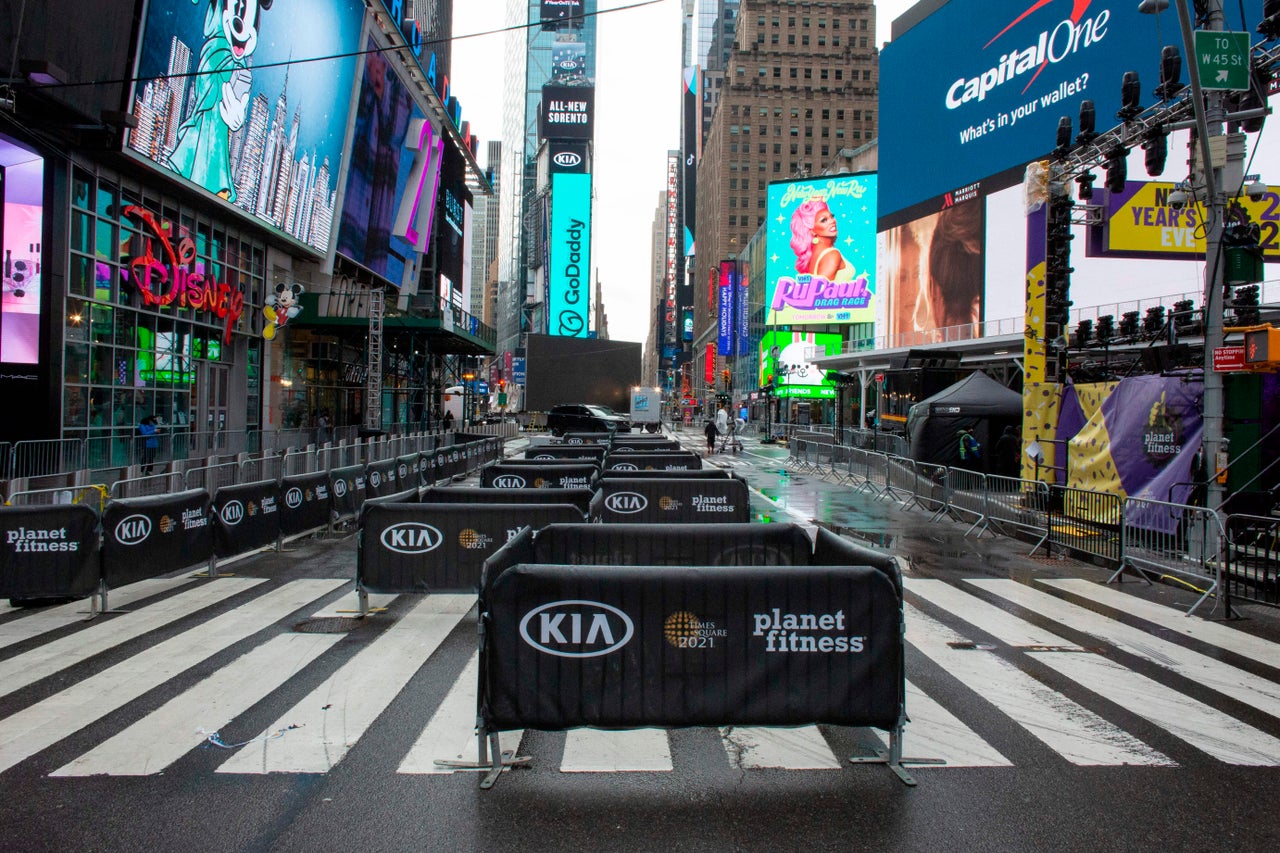 Barricades are set up to keep social distance before the New Year's Eve celebration in Times Square, New York.