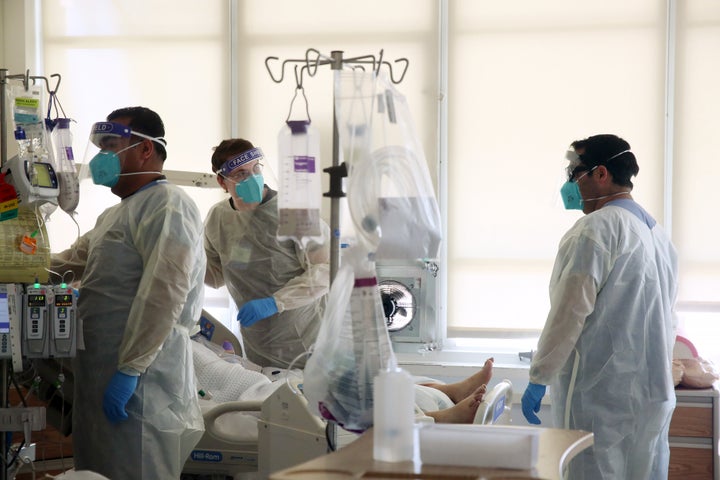 Hospital doctors and nurses treat Covid-19 patients in a makeshift ICU wing on the West Oeste at Harbor UCLA Medical Center o