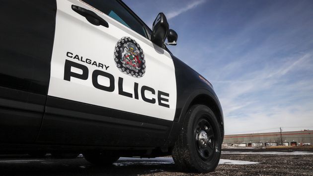 Police vehicles at Calgary Police Service headquarters in Calgary on April 9,