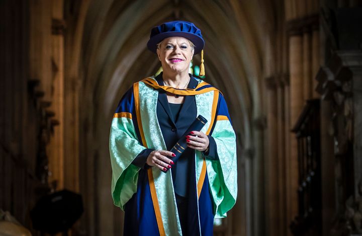 Eddie Izzard with her honorary degree from York St John University ahead of a graduation award ceremony at York Minster..