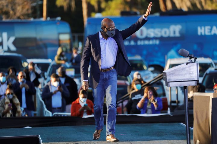 Democratic U.S. Senate candidate Raphael Warnock arrives at a campaign event ahead of Georgia's runoff elections in Savannah on Jan. 3.