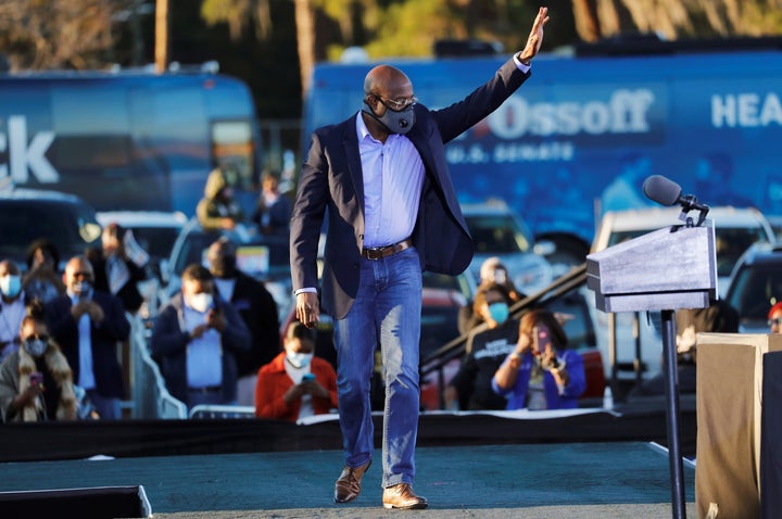 Democratic U.S. Senate candidate Raphael Warnock arrives at a campaign event ahead of Georgia's runoff elections in Savannah on Jan. 3.