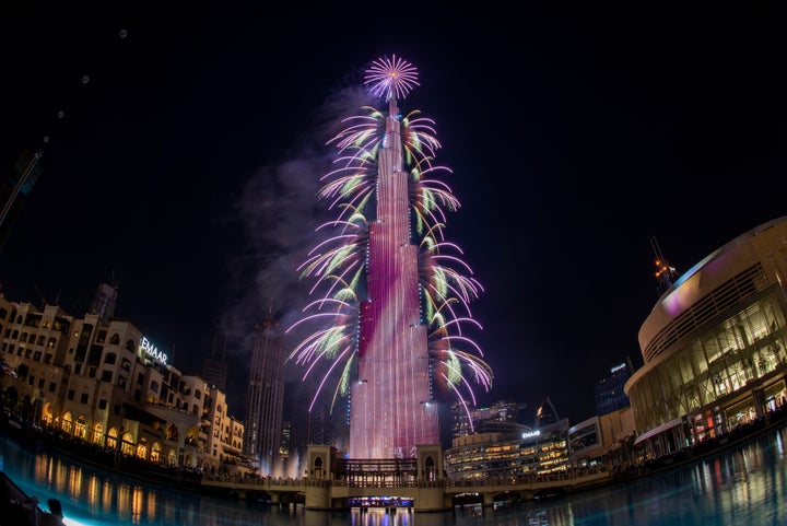 This picture shows fireworks on the Burj Khalifah tower in Dubai during the new year's eve celebrations on December 31, 2020. (Photo by - / AFP) (Photo by -/AFP via Getty Images)