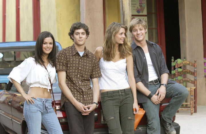 Rachel Bilson, Adam Brody, Mischa Barton and Benjamin McKenzie on the set of The O.C. in 2003